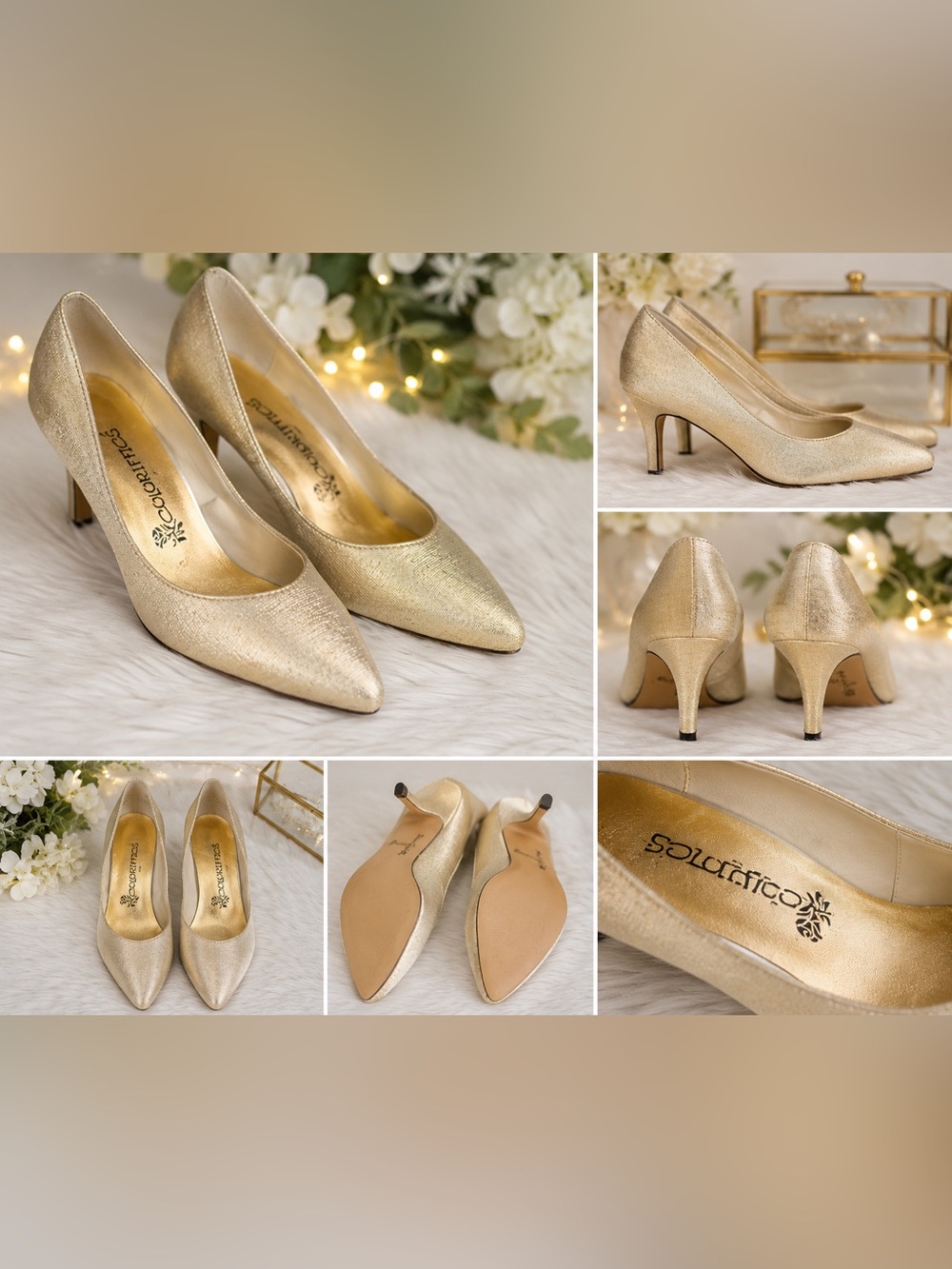 Coloriffics Gold Satin Pointed Toe Pumps | Wedding Bridal Prom Heels | Size 7
